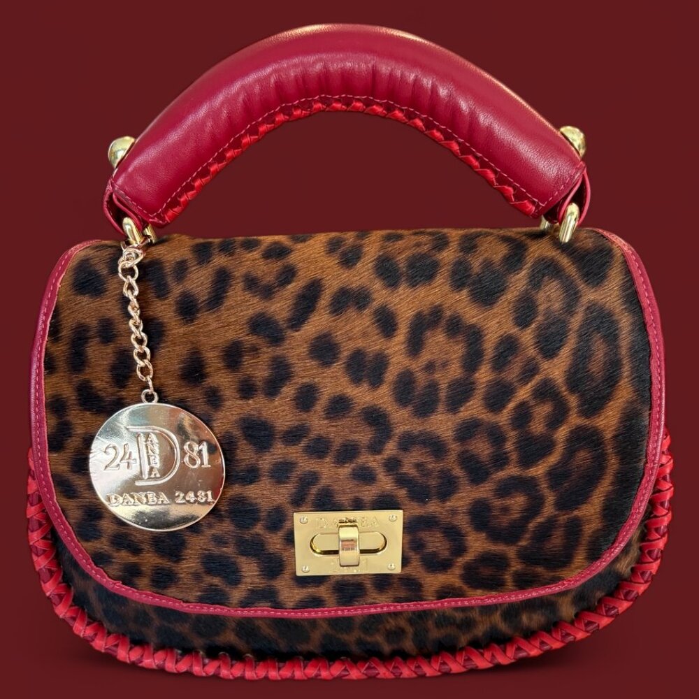 Danea 2481 Uptown Bag Leopard Print & Red Leather Top Handle Purse